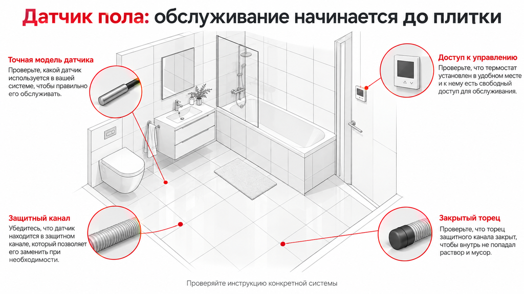 Схема проверки датчика тёплого пола в гофре: совместимость, защитный канал, заглушка и доступ к управлению