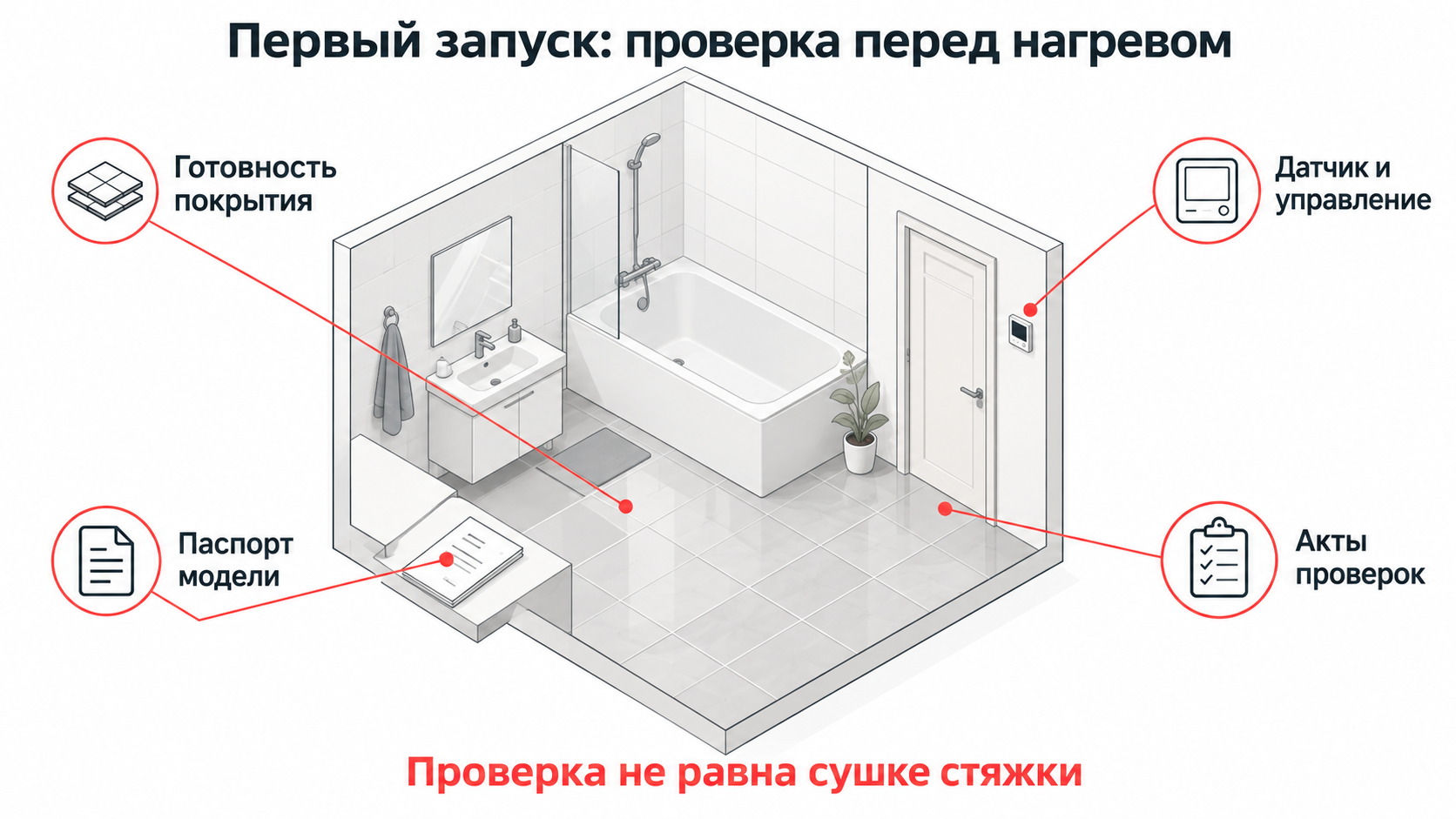 Инженерная схема проверок перед первым запуском тёплого пола: строительные слои, документация, датчик и электропроверка